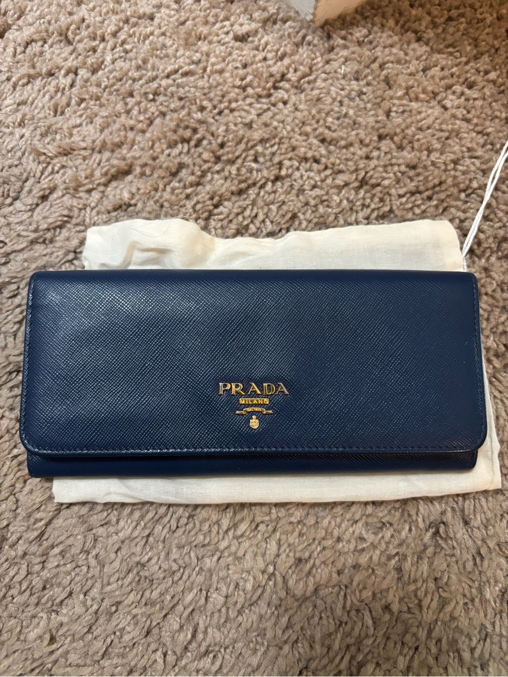 Prada Navy Saffiano Leather Continental Wallet with Gold Logo